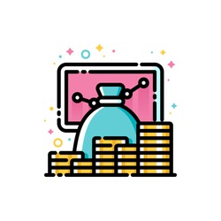 Return on investment chart, finance graph, budget planning and income growth concept. Flat filled outline style icon of money bag and stacks of coins. Pixel perfect. Editable stroke. Size 72x72 pixels