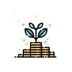 Income increase and make more money concept with plant growing out of gold coins. Flat filled outline style icon. Pixel perfect. Editable stroke. Size 72x72 pixels
