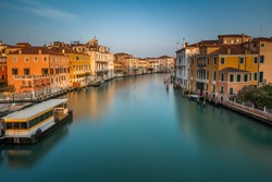 View on Grand Canal and Vaparetto Station from Accademia Bridge at Sunrise, Venice, Italy