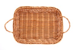 Empty brown wicker basket isolated on white background, top view
