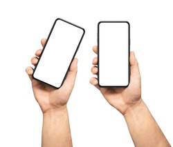 Male hand holding the black smartphone  blank screen with modern frameless design, two positions vertical and rotated - isolated on white background