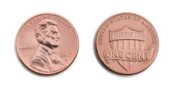 american one cent, USA 1 c, bronze coin both sides isolate on white background. Abraham Lincoln on copper coin realistic photo image - 