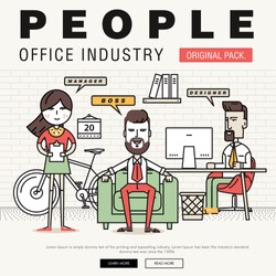 Modern office people industry. Thin line business day concept. Coworking creative and meeting teamwork elements. Corporate human infographics and icons idea concept symbol.
