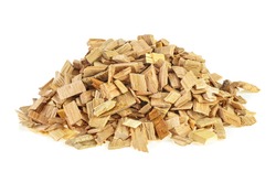 Wooden smoking chips for smoking on a white background. Wood smoking chips. Full depth of field.