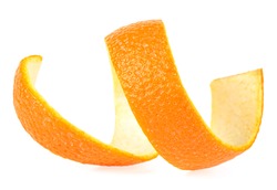 Peel of ripe orange isolated on white background. Orange zest spiral.