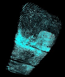 Fingerprint of the index finger on a black background. Fingerprint with ultraviolet lamp.