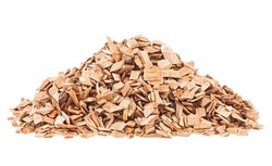 Pile of wood chips isolated on a white background. Wood chips for smoking or BBQ.