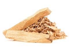 Palo santo wood sticks and wooden chips isolated on a white background. Bursera Graveolens - holy wood.