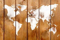 Antique wood wall with World map graffiti