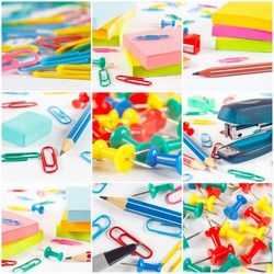 Collage of different office accessories on a white background.