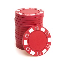 stack of poker chips on white with clipping path
