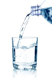pouring water on a glass on white background