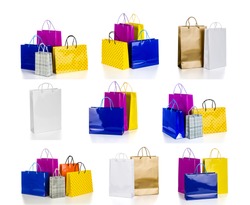 The collection of bright gift bags isolated on white background