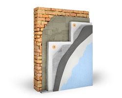 Layered scheme of exterior wall insulation with polystyrene foam, 3d illustration