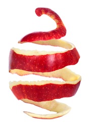 apple with peeled skin on white background
