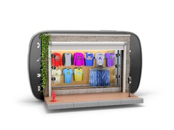 The concept of shopping via the internet or smarfony. shopping mobile. Clothing store in the mobile phone on a white background. 3D illustration.