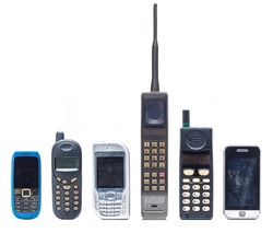 Group of old and obsolete mobile phone or cell phone on white background