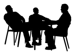 Potential worker in a job interview vector silhouette. Business people sitting and talking about new idea. IT partners meeting. Break relaxation after work in restaurant. Desk and chairs. Examination.