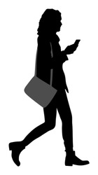 Business woman talking on the mobile phone silhouette. Woman walking vector illustration isolated on white background. Active lady urban scene. Selfie by online story on internet. Wi Fi finding around