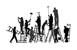 Painter workers on ladder vector silhouette isolated on white. Man decorator painting wall with paint brush roller. Crew renovation home. Handyman move in job. Washing window cleaning service action