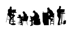 Business people working on computer in office silhouette. Man with laptop. Corporate workplace office. Woman typing on pc. Worker programming in IT hub. Software developer. Freelancer creative job.