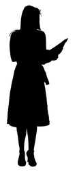 Show host woman speaking on election event vector silhouette. Head announces present news. Announcement of the program. Public speaker lady event presenter standing on stage and reading papers. 