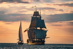 The Frigate Shtandar in calm weather sailing sunset time Riga Latvia