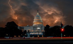 Dramatic clouds on United States Capitol Building in Washington DC USA dark stormy sky with lightnings