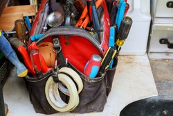 Work tools background. bag with tools tool, construction, background bag Working tool in the bag