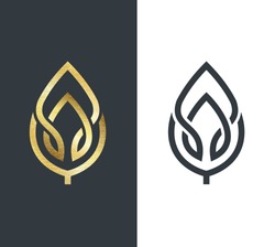 Vector leaf, golden shape and monochromatic one. Abstract emblem, design concept, logo, logotype element for template. 