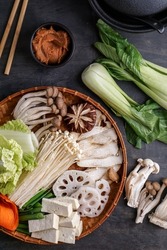 asian cuisine, Miso Hot Pot, vegan miso nabe ingredients                              