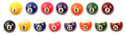 Set of fifteen pool balls isolated over white background