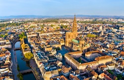 Aerial view of the Notre-Dame Cathedral of Strasbourg - Alsace, France