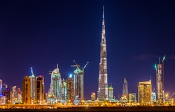 Night view of Dubai Downtown with Burj Khalifa