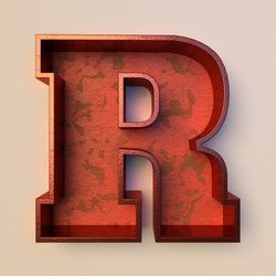 Vintage painted wood letter R with copper metal frame