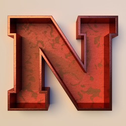 Vintage painted wood letter N with copper metal frame