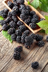 Ripe juicy blackberries with leaves on a old wooden table.
