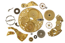 Disassembled clockwork mechanism - various part of clockwork mechanism on white background