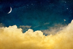 A fantasy cloudscape with stars and a crescent moon overlaid with a vintage, textured watercolor paper background.