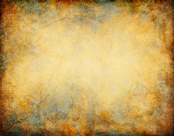 A vintage grunge background with patina-like colors, cracks, and golden brown and yellow paper textures.