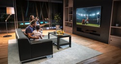 A family is watching a soccer moment on the TV and celebrating a goal, sitting on the couch in the living room. The living room is made in 3D.