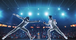 Two female fencing athletes fight on professional sports arena with spectators and lense-flares. Women wear unbranded sports clothes. Arena is made in 3D.