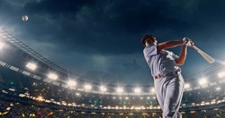 A male baseball player performs a dramatic play on the baseball stadium. He wears unbranded sport clothes. The stadium is made in 3D.