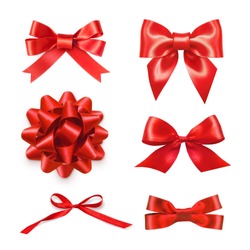 Set of six red ribbon satin bows isolated on white