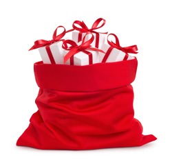 Santa Claus red bag with gifts, isolated on white background.