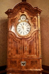 View of antique wooden grandfather clock in house