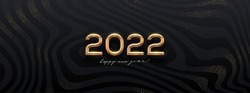 2022 new year golden logo on abstract black waves background. Greeting design with realistic gold metal number of year. Design for greeting card, invitation, calendar, etc.