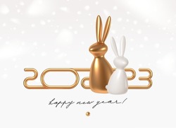 2023 new year illustration with realistic 3d golden logo and rabbit on a white background with snowflakes. Design for greeting card, invitation, calendar, etc.