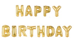 gold foil Happy Birthday balloons isolated on white background