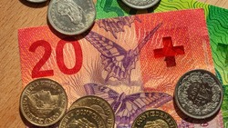 Twenty Swiss francs and coins. Business concept. Web banner.